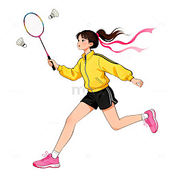 卡通风羽毛球运动女孩插画素材