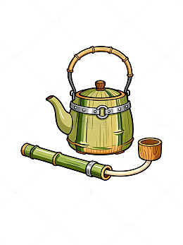 卡通风格竹制茶壶烟斗插画设计素材