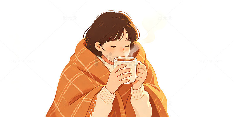插画风冬日暖饮手绘女孩围巾设计素材