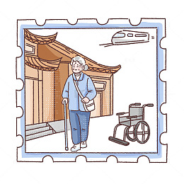 卡通风老人出行轮椅邮票设计素材