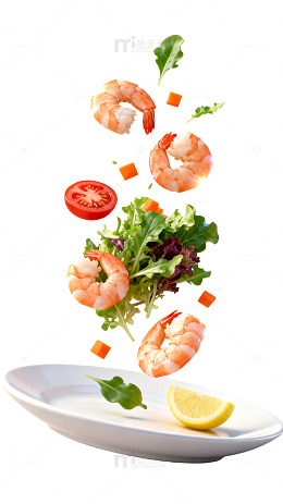 3D风格海鲜沙拉食材飞溅设计素材