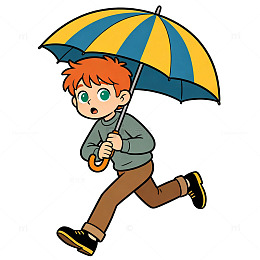 卡通风格男孩撑伞奔跑插画免扣素材