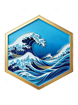 浮世绘风格海浪波涛六边形徽章设计素材