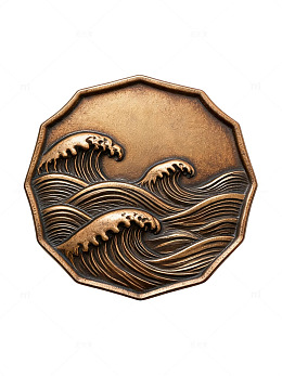 浮雕风海浪纹饰铜质徽章设计素材