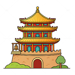 卡通风古建筑城楼插画免扣设计素材
