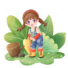 卡通风田园女孩手绘插画设计素材