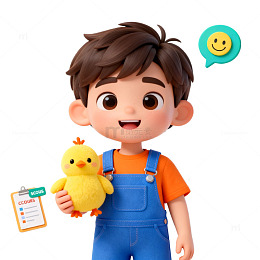 卡通风小男孩抱小鸡插画设计素材