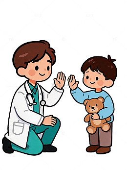 卡通风医生与小孩互动插画设计素材