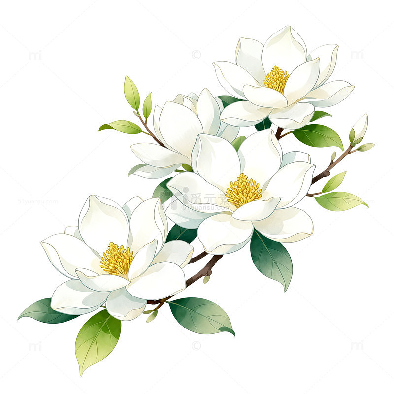 手绘风玉兰花枝插画设计素材