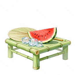 手绘风夏日清凉竹桌西瓜冰块设计素材
