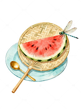 水彩风夏日清凉手绘西瓜竹篮设计素材