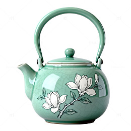 青瓷风手绘玉兰花茶壶设计素材