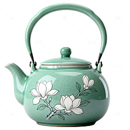青瓷风手绘玉兰花茶壶设计素材
