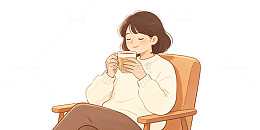 插画风女子品茶休闲手绘设计素材
