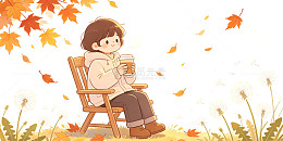 插画风秋日女孩喝茶落叶场景设计素材