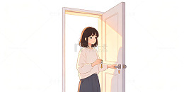 日系插画女孩开门场景设计素材