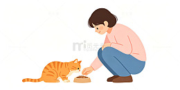 扁平风女孩喂猫手绘插画设计素材