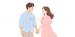 简约风情侣牵手手绘插画设计素材