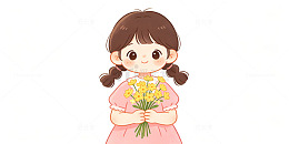 卡通风小女孩捧花手绘插画设计素材
