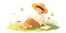 插画风夏日午后女孩阅读设计素材