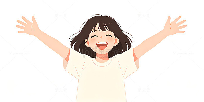 卡通风开心女孩举手插画设计素材