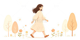 扁平风女孩散步春日插画设计素材
