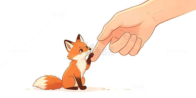 卡通风格小狐狸与手互动插画素材