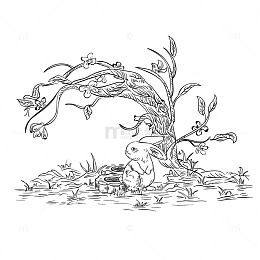 树下兔子和月饼中秋手绘线条画
