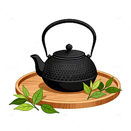 卡通风格茶壶茶叶木质托盘设计素材