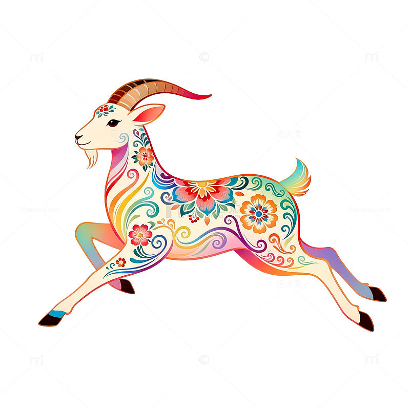 彩绘风奔跑山羊花纹装饰设计素材