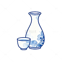 青花瓷风格酒壶酒杯手绘插画素材