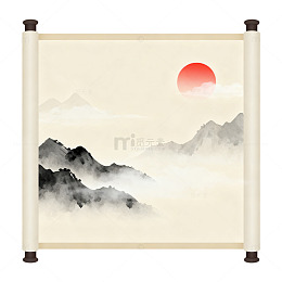 水墨风山水画卷手绘卷轴设计素材