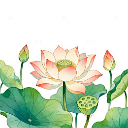 水彩风荷花盛开植物插画设计素材