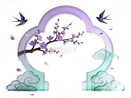国风插画春日樱花拱门设计素材