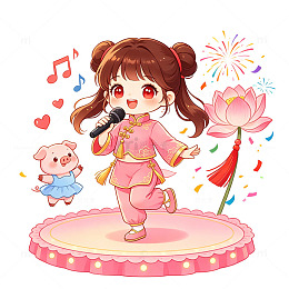 卡通风国风女孩唱歌人物插画免扣素材