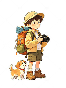 卡通风男孩旅行摄影插画设计素材