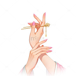 手绘风古典女子手持金簪设计素材