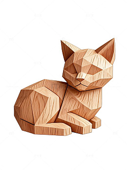 几何风木雕猫咪立体造型设计素材