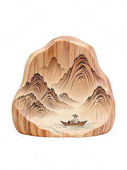 木纹风山水画小舟手绘设计素材
