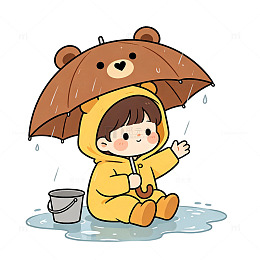 卡通风雨中可爱小熊伞童手绘插画免扣素材