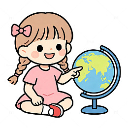 卡通风小女孩地球仪插画免扣设计素材