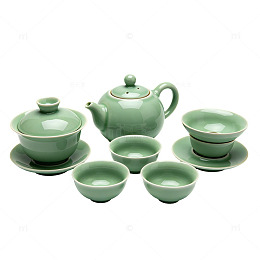 青瓷风茶具套装简约设计素材