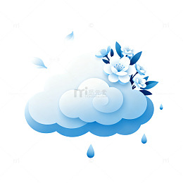 剪纸风蓝色云朵花卉雨滴设计素材