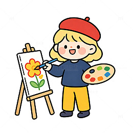 卡通风小女孩绘画花朵手绘插画免扣素材