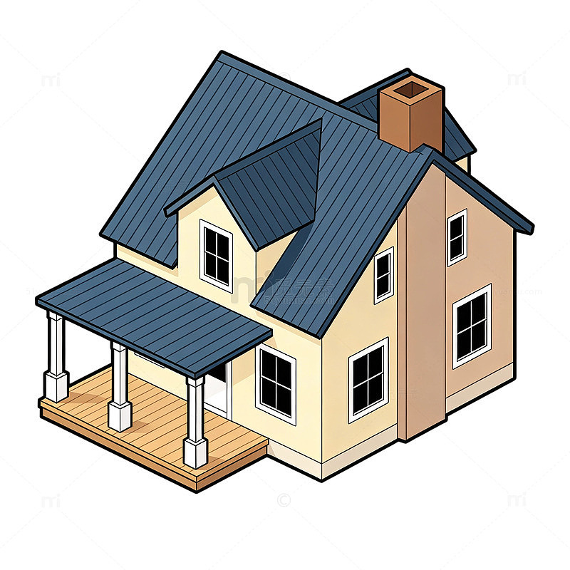 卡通风格两层小屋建筑插画免扣素材