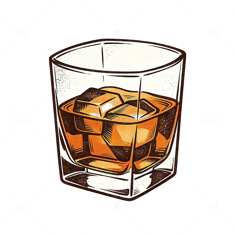 复古版画单八角威士忌酒杯装饰插画