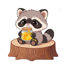 卡通风格浣熊喝蜂蜜插画设计素材