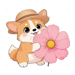 卡通风柯基犬捧花手绘插画素材