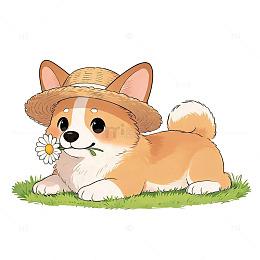 卡通风柯基犬戴草帽插画设计素材
