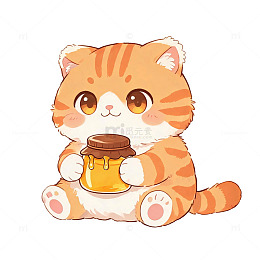 卡通风格可爱小猫手持蜂蜜罐插画素材
